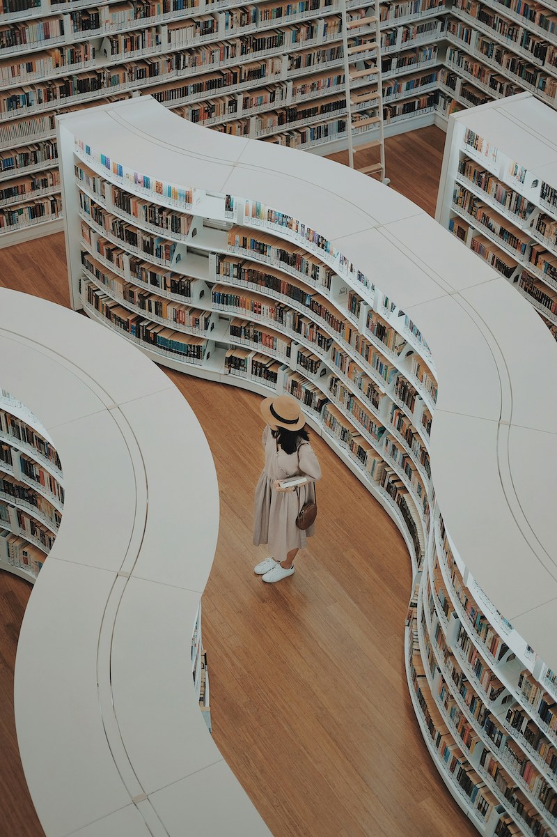 une dame, vue du dessus, avec un chapeau recherche un livre sur une étagère d'une bibliothèque. les étagères, claires, ont des formes ondulées.